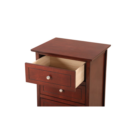 Wooden nightstand with open drawer on a white background
