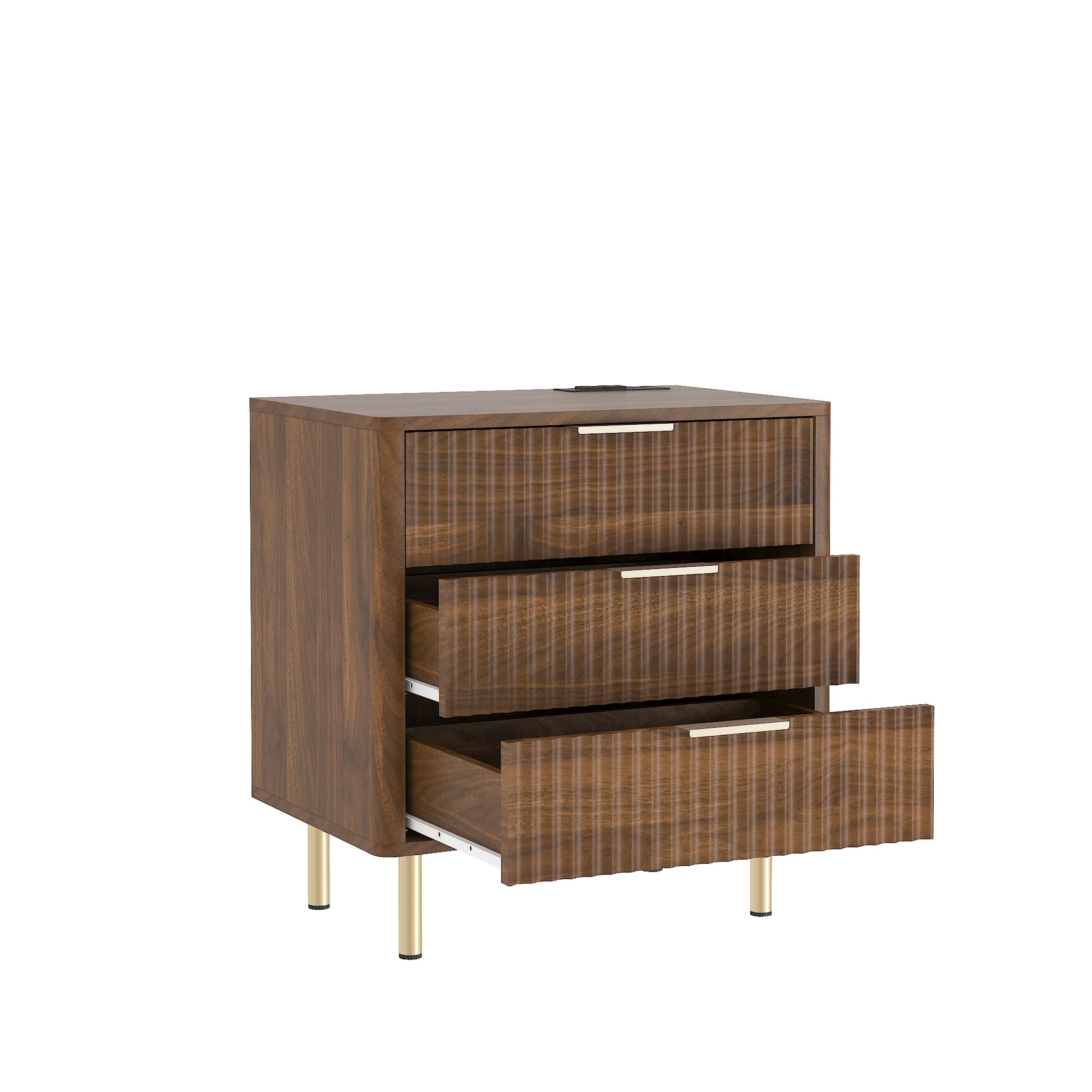 Wooden dresser with three drawers on a white background