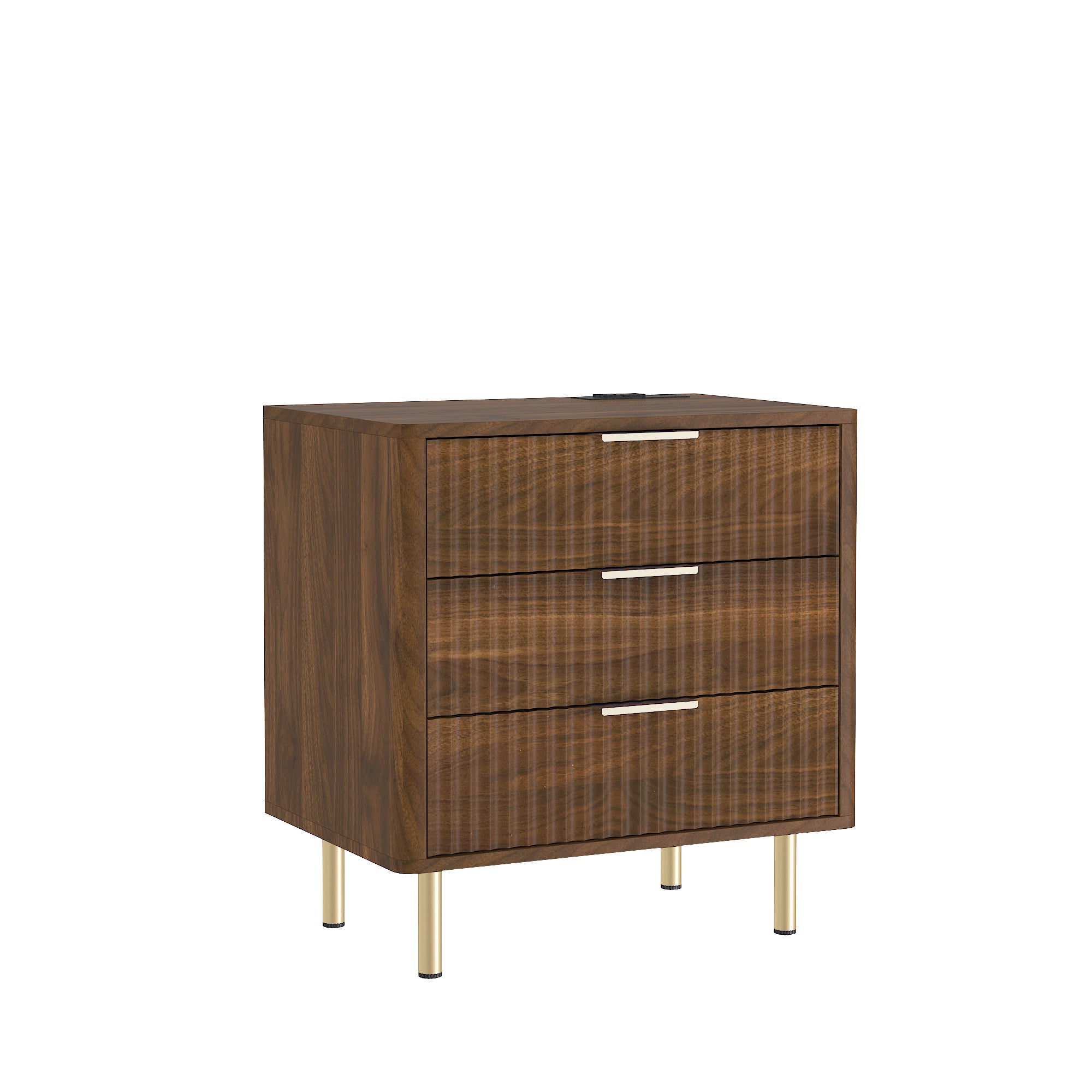 Wooden dresser with three drawers and gold legs on a white background