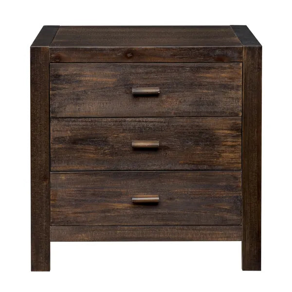 Dark wood nightstand with three drawers on a white background